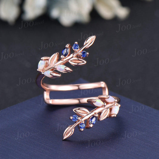 Vintage Opal Blue Sapphire Leaf Bypass Enhancer Wedding Band Art Deco Wraps Ring Solid 14k Rose Gold Cluster Double Wedding Band for Women