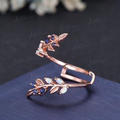 Vintage Opal Pearl Leaf Enhancer Nature Wedding Band Nesting Stacking Matching Ring Solid 14K Rose Gold Jacket Double Wedding Band Women