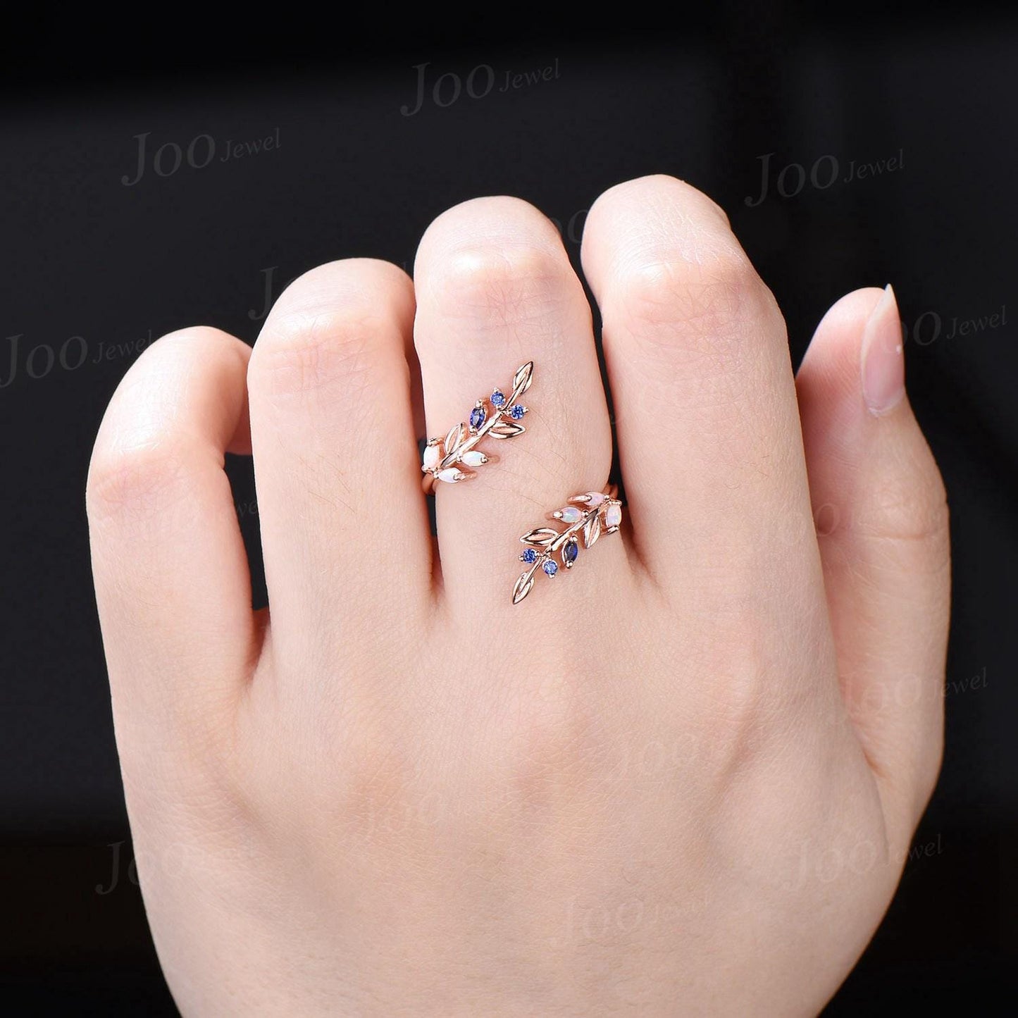 Vintage Opal Pearl Leaf Enhancer Nature Wedding Band Nesting Stacking Matching Ring Solid 14K Rose Gold Jacket Double Wedding Band Women