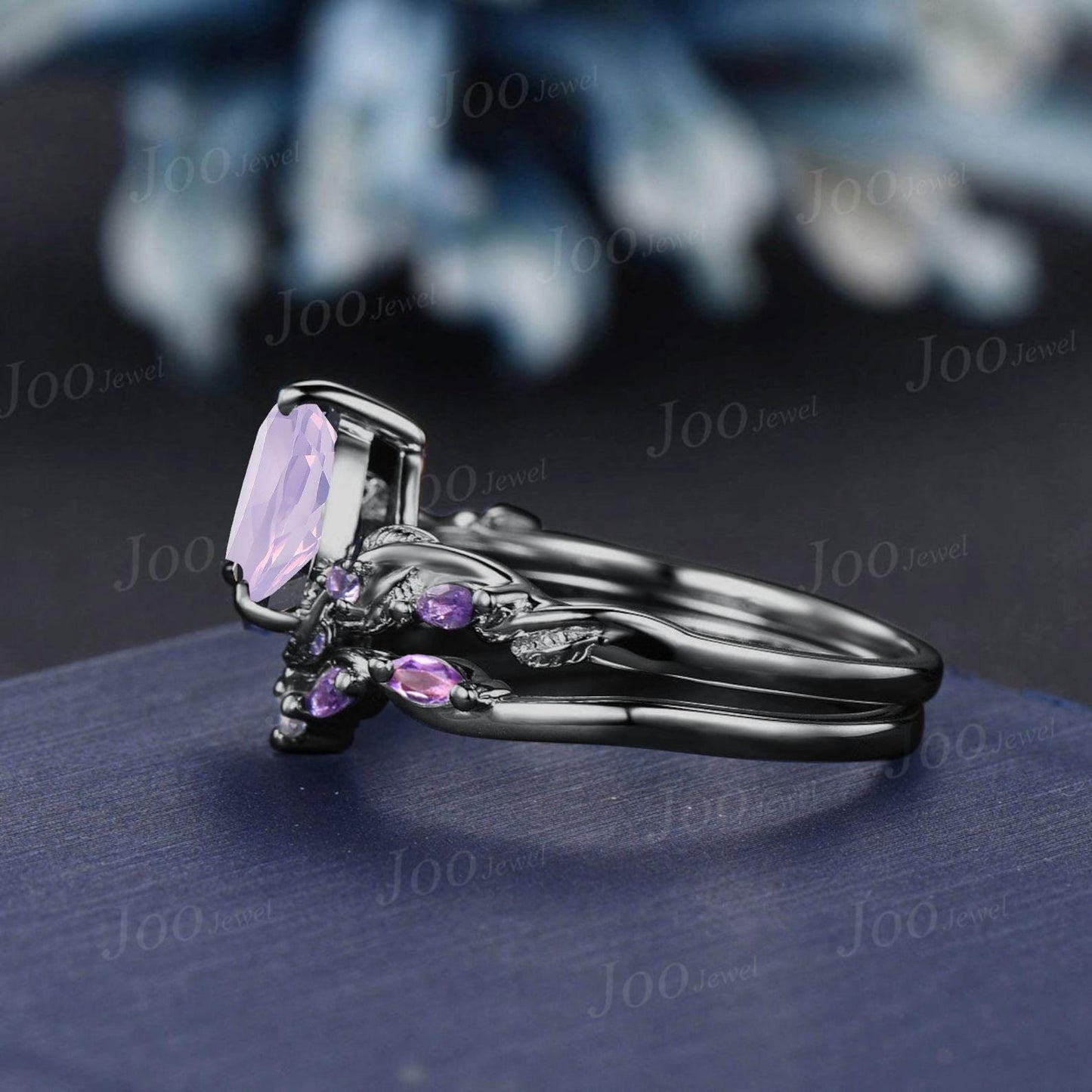 1.25ct Pear Cut Lavender Amethyst Black Gold Bridal Ring, Twig Vine Leaf Ring, Antique Emerald Amethyst Promise Ring Set Anniversary Gifts
