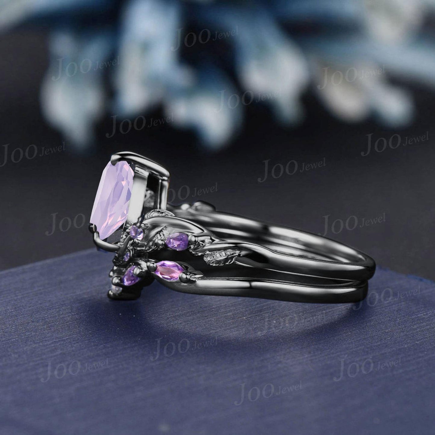 1.25ct Pear Cut Lavender Amethyst Ring, Twig Vine Leaf Ring,Antique Amethyst Bridal Promise Ring Set Anniversary Gift Black Gold Bridal Ring