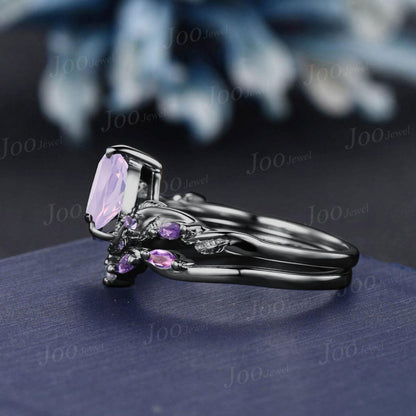 1.25ct Pear Cut Lavender Amethyst Ring, Twig Vine Leaf Ring,Antique Amethyst Bridal Promise Ring Set Anniversary Gift Black Gold Bridal Ring