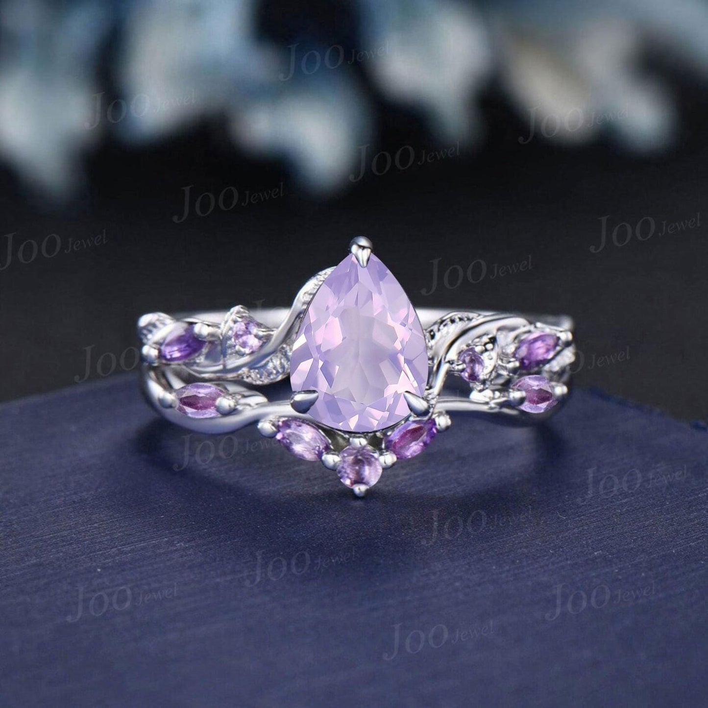 1.25ct Pear Cut Lavender Amethyst Ring, Twig Vine Leaf Ring,Antique Amethyst Bridal Promise Ring Set Anniversary Gift Black Gold Bridal Ring