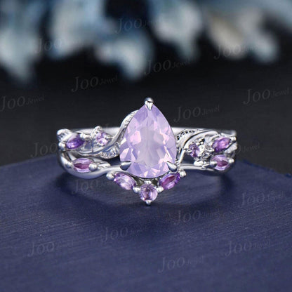 1.25ct Pear Cut Lavender Amethyst Ring, Twig Vine Leaf Ring,Antique Amethyst Bridal Promise Ring Set Anniversary Gift Black Gold Bridal Ring