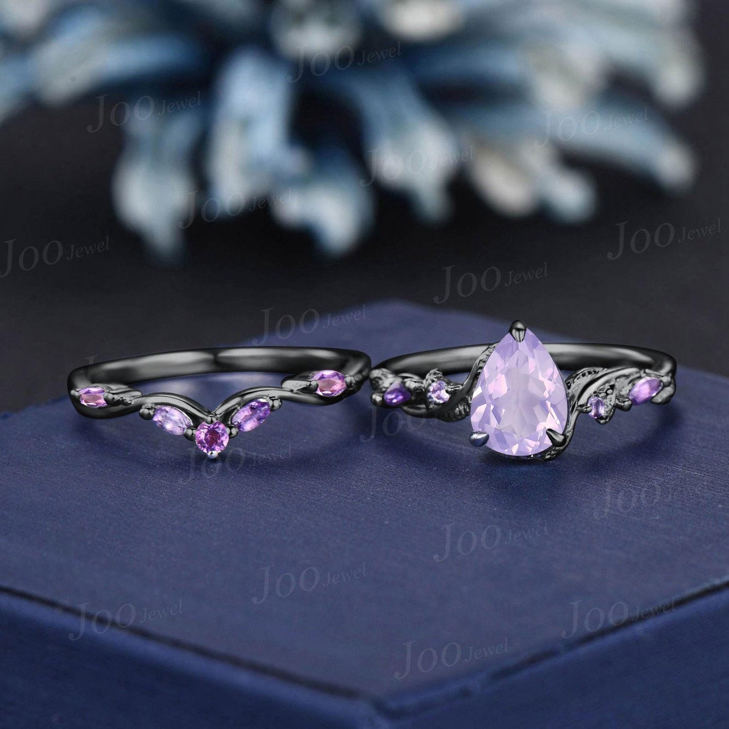 1.25ct Pear Cut Lavender Amethyst Ring, Twig Vine Leaf Ring,Antique Amethyst Bridal Promise Ring Set Anniversary Gift Black Gold Bridal Ring