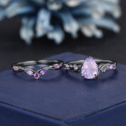 1.25ct Pear Cut Lavender Amethyst Ring, Twig Vine Leaf Ring,Antique Amethyst Bridal Promise Ring Set Anniversary Gift Black Gold Bridal Ring