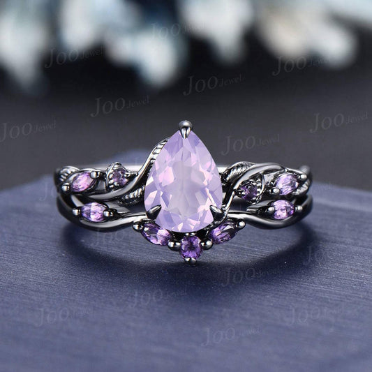 1.25ct Pear Cut Lavender Amethyst Ring, Twig Vine Leaf Ring,Antique Amethyst Bridal Promise Ring Set Anniversary Gift Black Gold Bridal Ring