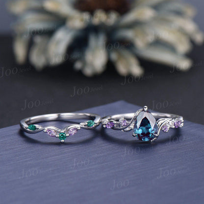 Nature Inspired Pear Cut Color-Change Alexandrite Bridal Ring with Amethyst Emerald Twig Vine Engagement Ring June Birthstone Wedding Gifts