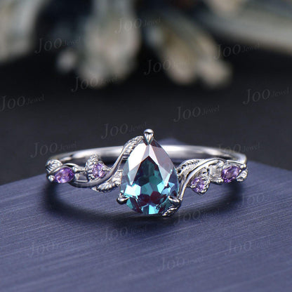 Nature Inspired Pear Cut Color-Change Alexandrite Bridal Ring with Amethyst Emerald Twig Vine Engagement Ring June Birthstone Wedding Gifts