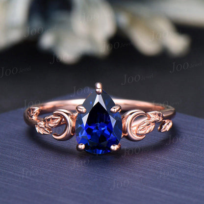 Pear Cut Blue Sapphire Moon Leaf Engagement Ring Set,14K Rose Gold Opal Sapphire Wrap Bypass Enhancer Vine Band, Branch Bridal Set for Women