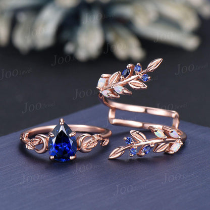 Pear Cut Blue Sapphire Moon Leaf Engagement Ring Set,14K Rose Gold Opal Sapphire Wrap Bypass Enhancer Vine Band, Branch Bridal Set for Women