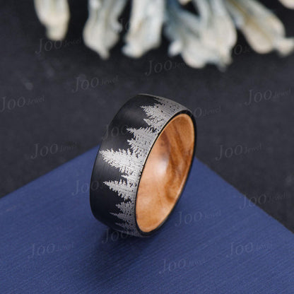 8mm Tungsten Carbide Men's Black Forest Tree Band, Whiskey Barrel Wood Tungsten Ring, Men Wedding Anniversary Band, Black Engagement Rings