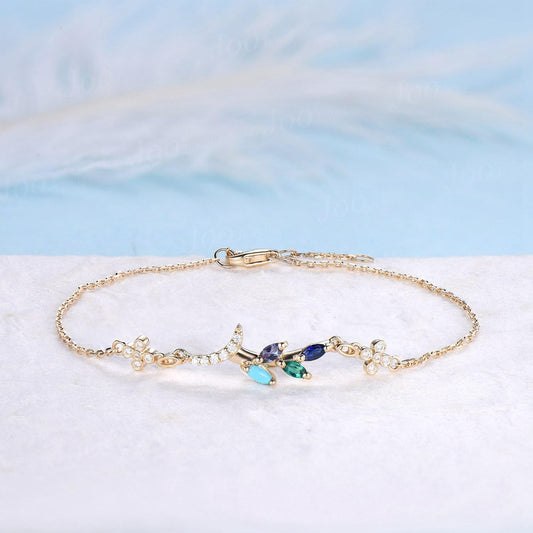 Multi-birthstone Bracelet for Women Olive Tree Bracelet 14K Real Gold Marquise Cut Leaf Alexandrite Turquoise Emerald Personalized Bracelets