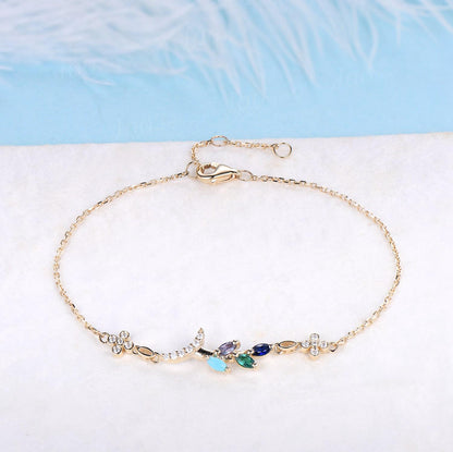 Multi-birthstone Bracelet for Women Olive Tree Bracelet 14K Real Gold Marquise Cut Leaf Alexandrite Turquoise Emerald Personalized Bracelets