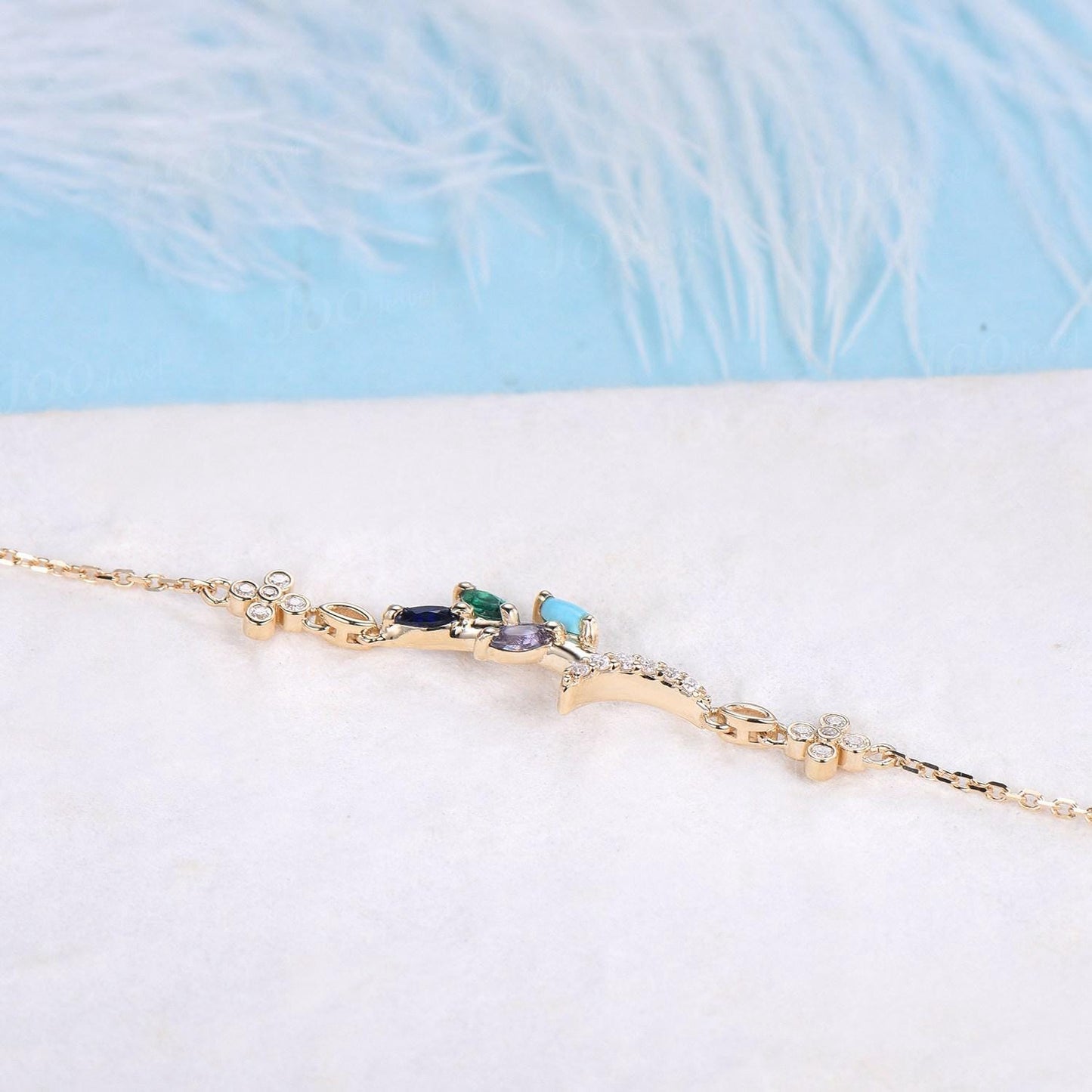 Multi-birthstone Bracelet for Women Olive Tree Bracelet 14K Real Gold Marquise Cut Leaf Alexandrite Turquoise Emerald Personalized Bracelets