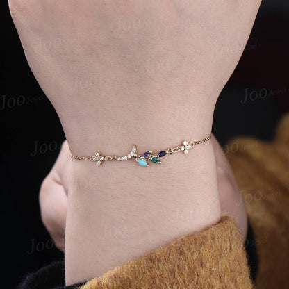 Multi-birthstone Bracelet for Women Olive Tree Bracelet 14K Real Gold Marquise Cut Leaf Alexandrite Turquoise Emerald Personalized Bracelets