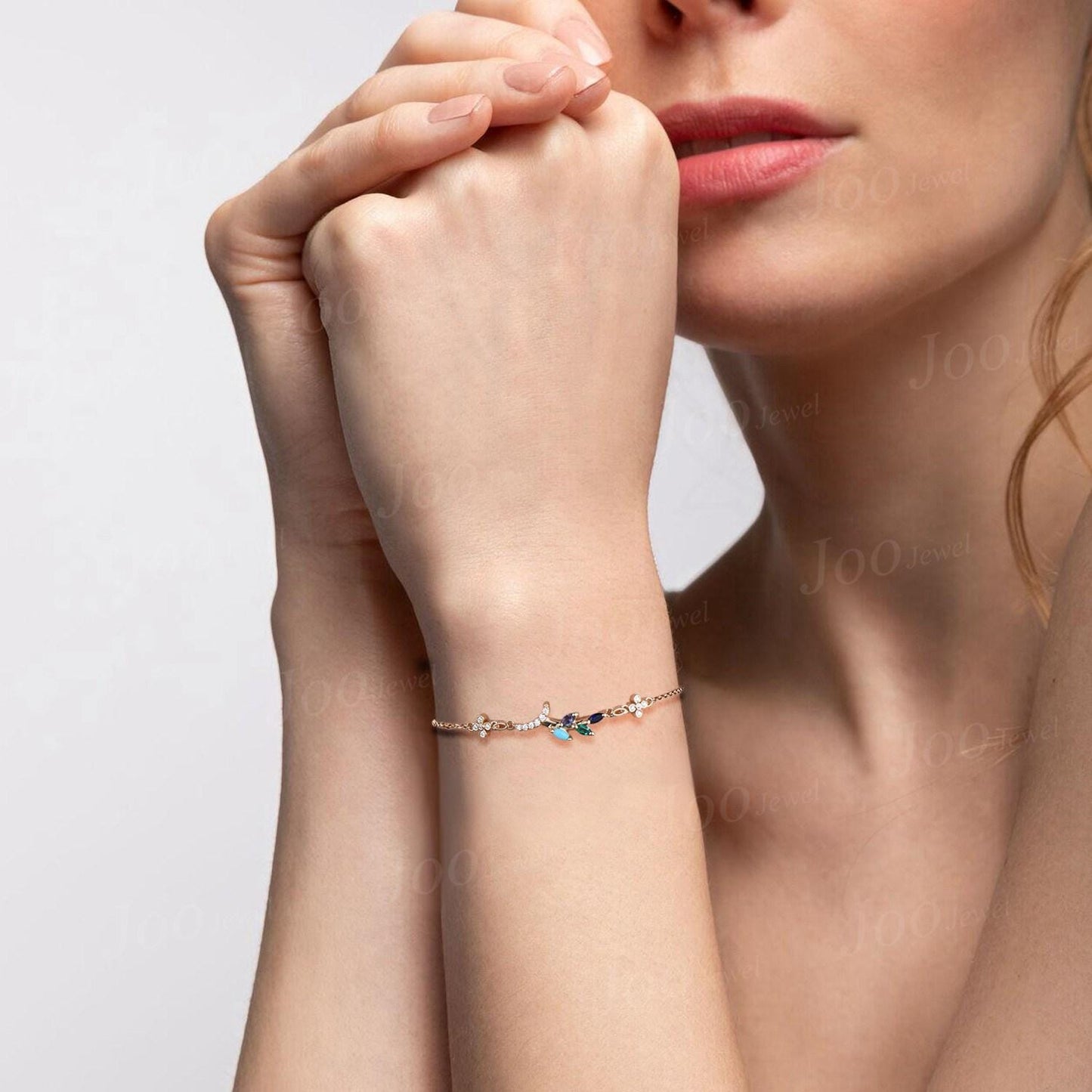 Multi-birthstone Bracelet for Women Olive Tree Bracelet 14K Real Gold Marquise Cut Leaf Alexandrite Turquoise Emerald Personalized Bracelets