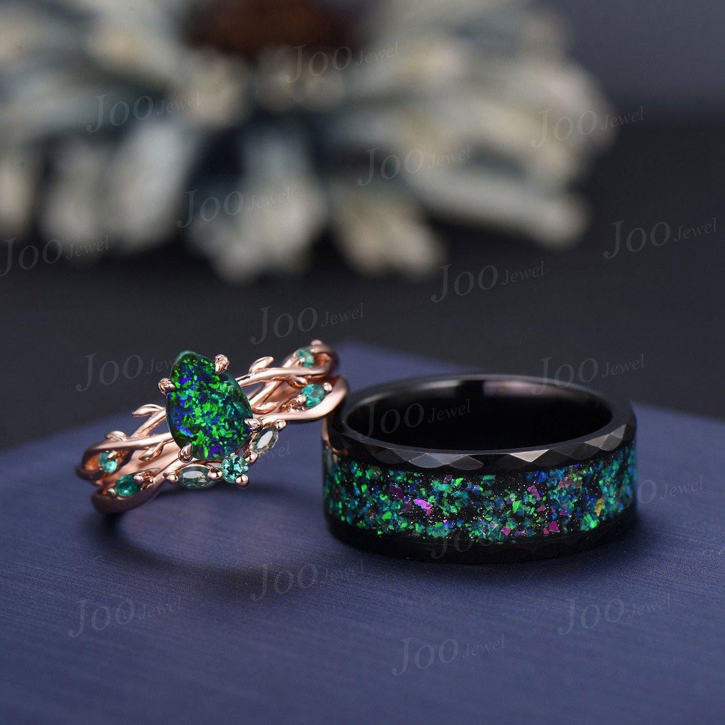 1.25ct Pear Cut Black Fire Opal Couple Promise Ring Set 925 Sterling Silver & Tungsten Matching Ring