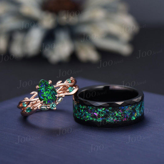 1.25ct Pear Cut Black Fire Opal Couple Promise Ring Set 925 Sterling Silver & Tungsten Matching Ring