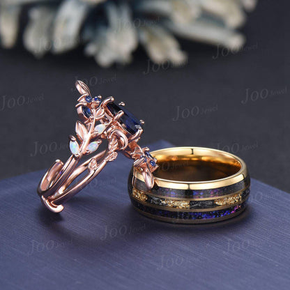 Galaxy Blue Sandstone Couple Wedding Ring Set | Pear Bridal Ring | Enhancer Leaf Band | Tungsten Nebula Promise Ring Men | Anniversary Gift