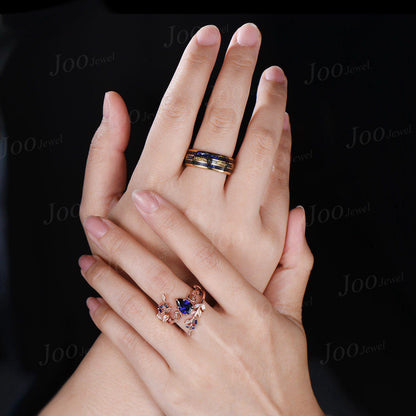 Blue Sapphire Opal Couple Leaf Wedding Ring Set | Pear Bridal Ring |Enhancer Leaf Band | Tungsten Promise Ring for Him| Valentine's Day Gift