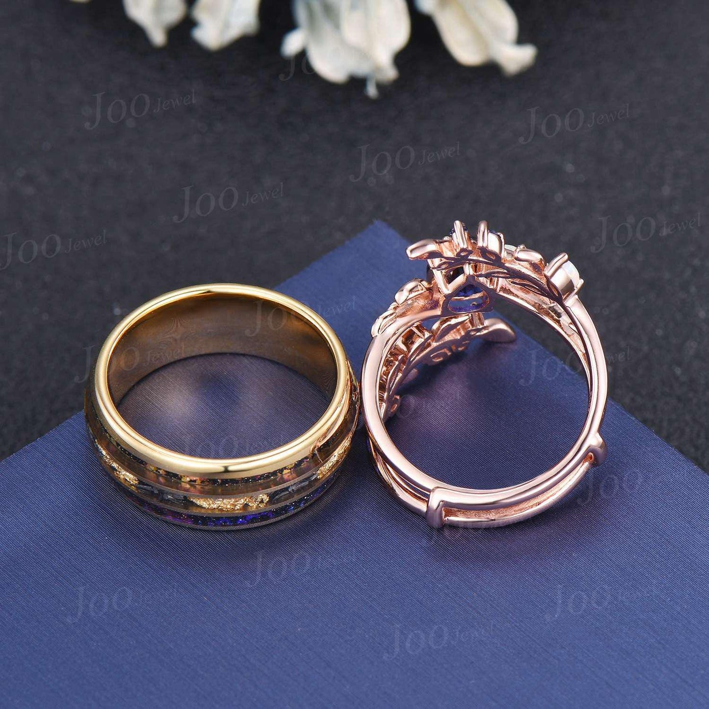 Blue Sapphire Opal Couple Leaf Wedding Ring Set | Pear Bridal Ring |Enhancer Leaf Band | Tungsten Promise Ring for Him| Valentine's Day Gift