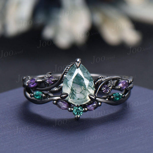 1.25ct Pear Natural Moss Agate and Amethyst Engagement Ring Set | Twig Vine Nature Inspired Wedding Ring | Gothic Black Promise Ring for Her