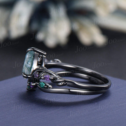 1.25ct Pear Natural Moss Agate and Amethyst Engagement Ring Set | Twig Vine Nature Inspired Wedding Ring | Gothic Black Promise Ring for Her