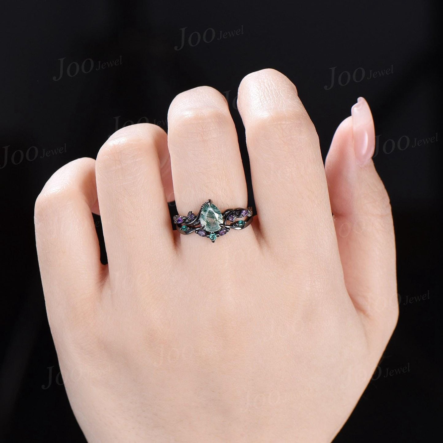 1.25ct Pear Natural Moss Agate and Amethyst Engagement Ring Set | Twig Vine Nature Inspired Wedding Ring | Gothic Black Promise Ring for Her