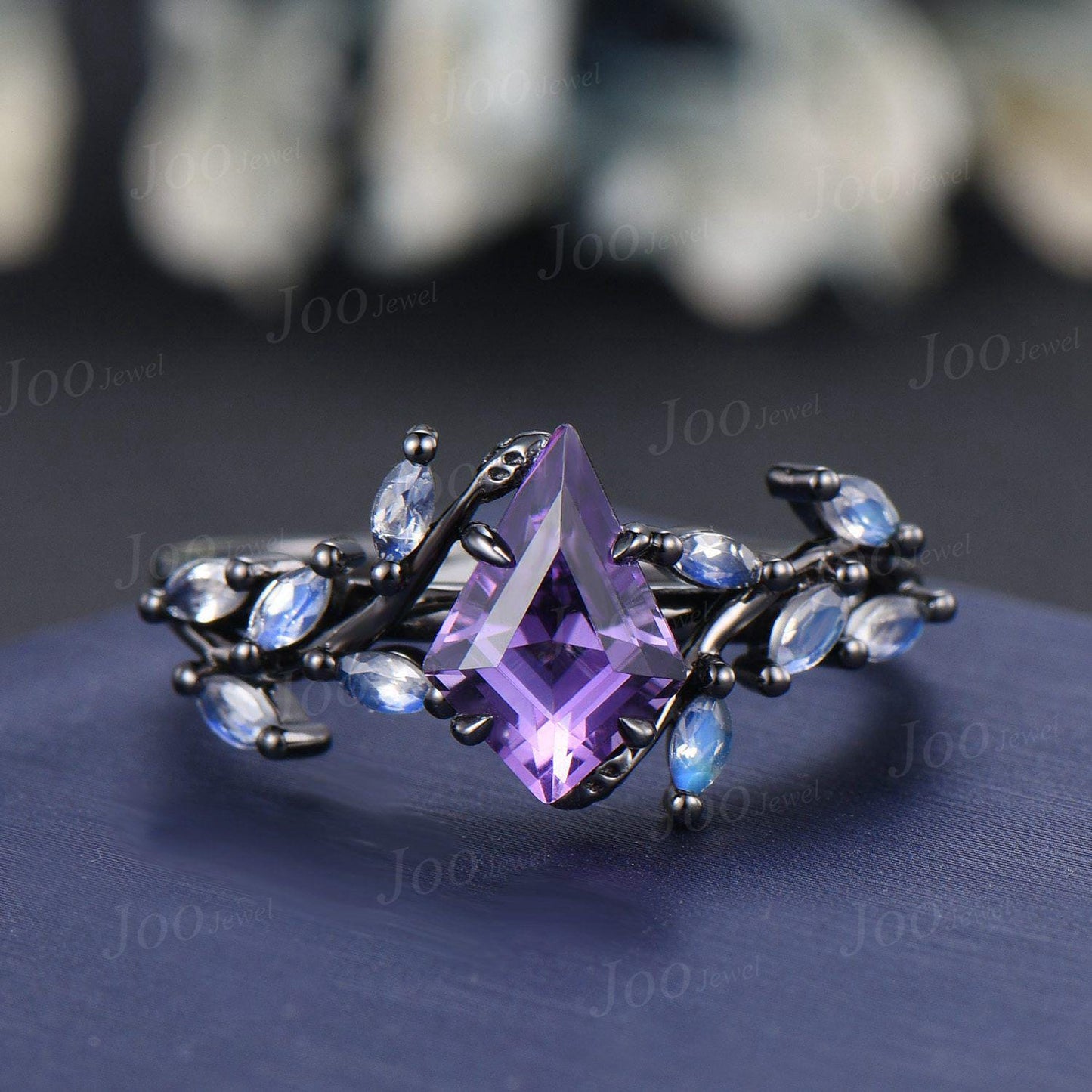 Kite Cut Natural Amethyst Wedding Ring Vintage Black Promise Ring Cluster Moonstone Engagement Ring Custom February Birthstone Gifts Women
