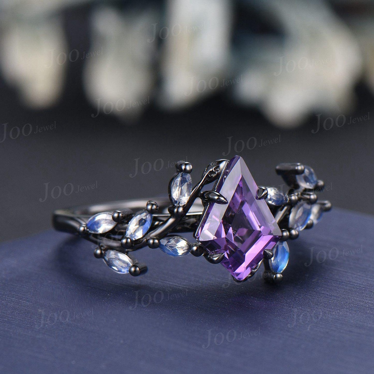 Kite Cut Natural Amethyst Wedding Ring Vintage Black Promise Ring Cluster Moonstone Engagement Ring Custom February Birthstone Gifts Women