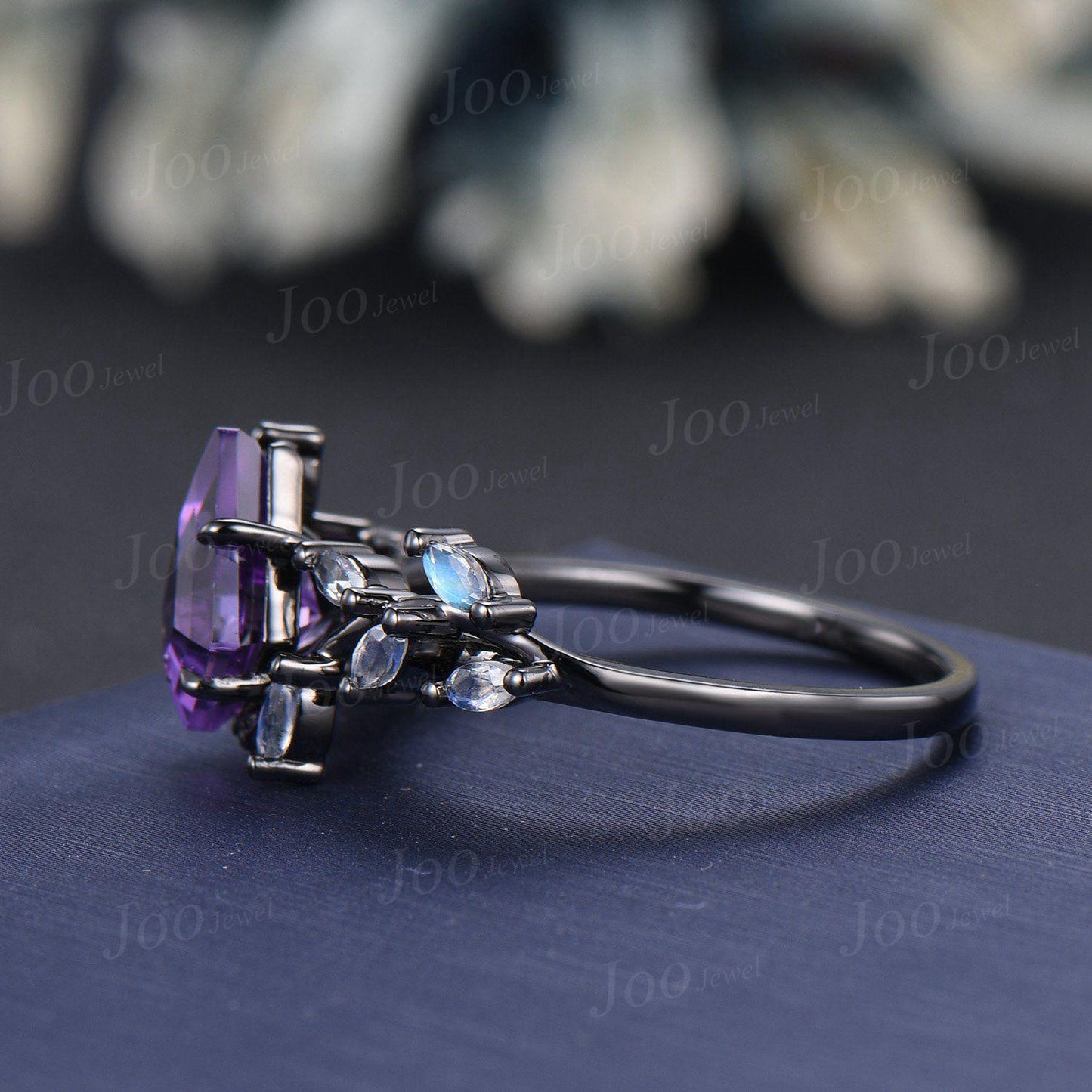 Kite Cut Natural Amethyst Wedding Ring Vintage Black Promise Ring Cluster Moonstone Engagement Ring Custom February Birthstone Gifts Women