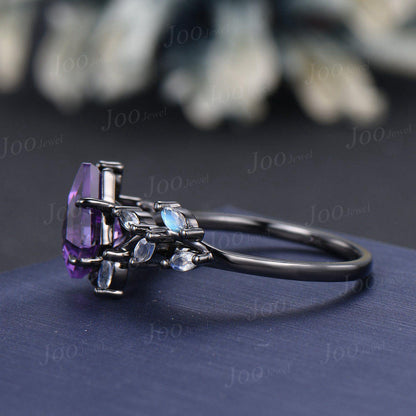 Kite Cut Natural Amethyst Wedding Ring Vintage Black Promise Ring Cluster Moonstone Engagement Ring Custom February Birthstone Gifts Women