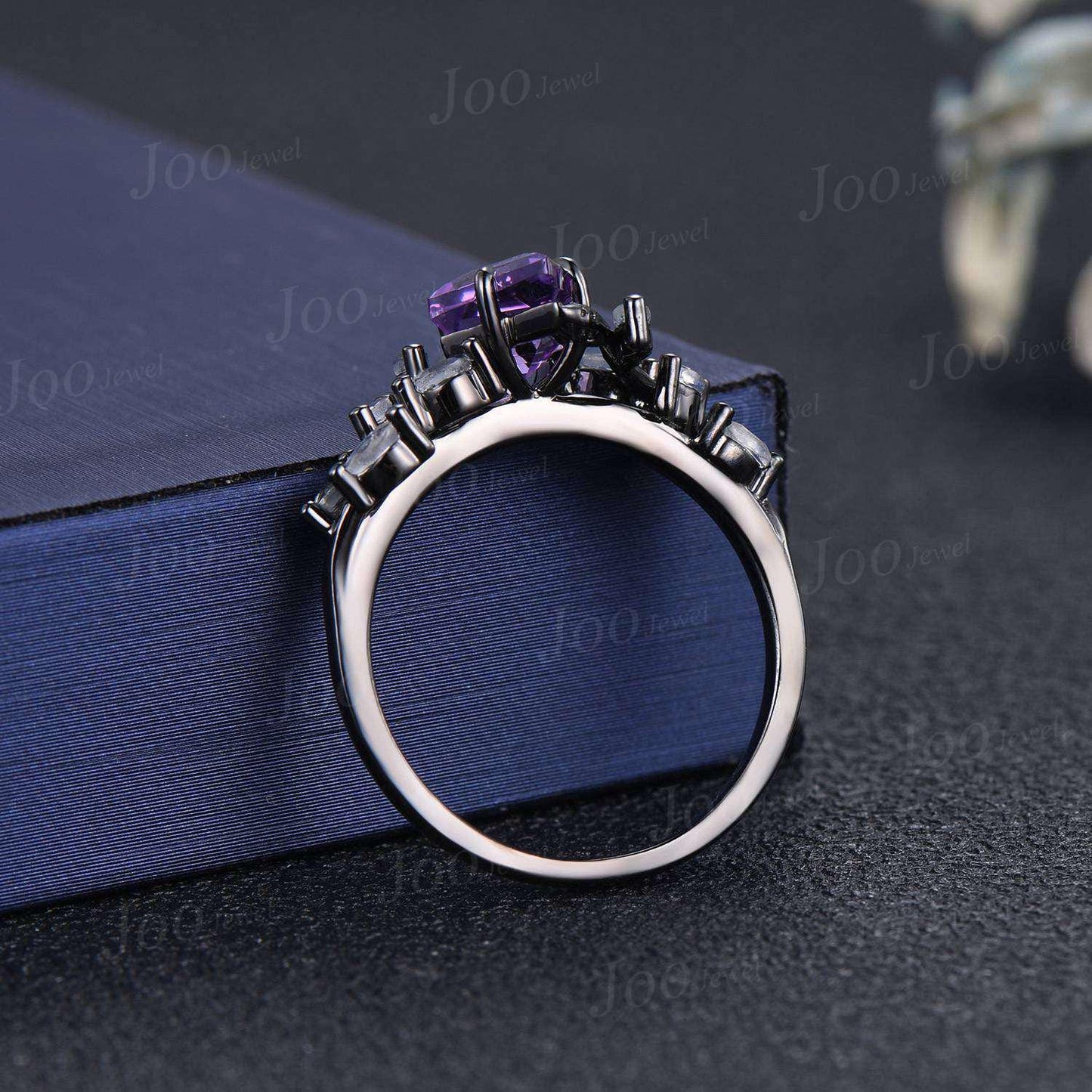 Kite Cut Natural Amethyst Wedding Ring Vintage Black Promise Ring Cluster Moonstone Engagement Ring Custom February Birthstone Gifts Women