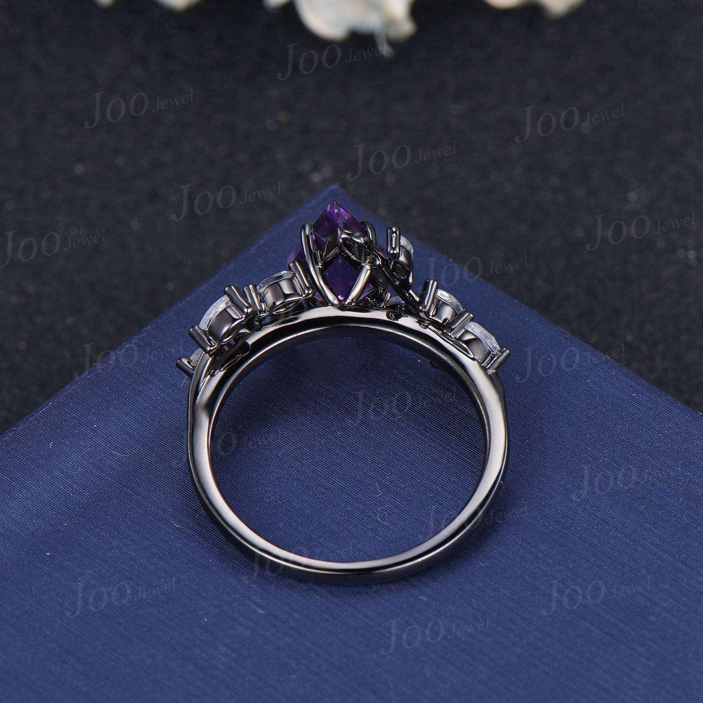 Kite Cut Natural Amethyst Wedding Ring Vintage Black Promise Ring Cluster Moonstone Engagement Ring Custom February Birthstone Gifts Women