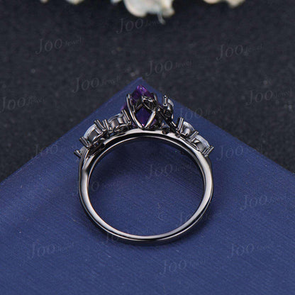 Kite Cut Natural Amethyst Wedding Ring Vintage Black Promise Ring Cluster Moonstone Engagement Ring Custom February Birthstone Gifts Women