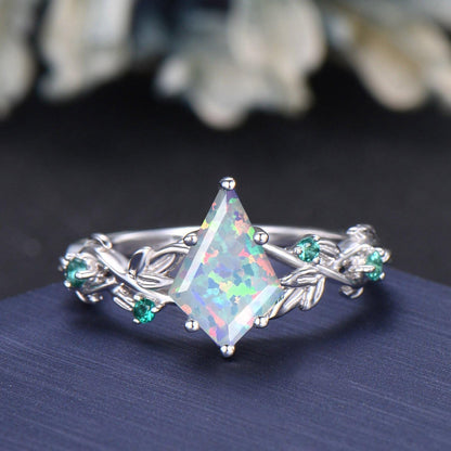 1.5ct Kite Cut White Opal Leaf Vine Bypass Bridal Ring Personalized Birthstone Family Lover Ring Enhancer Wedding Band Nature Inspired Ring