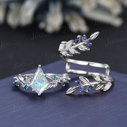 1.5ct Kite Cut White Opal Leaf Vine Bypass Bridal Ring Personalized Birthstone Family Lover Ring Enhancer Wedding Band Nature Inspired Ring