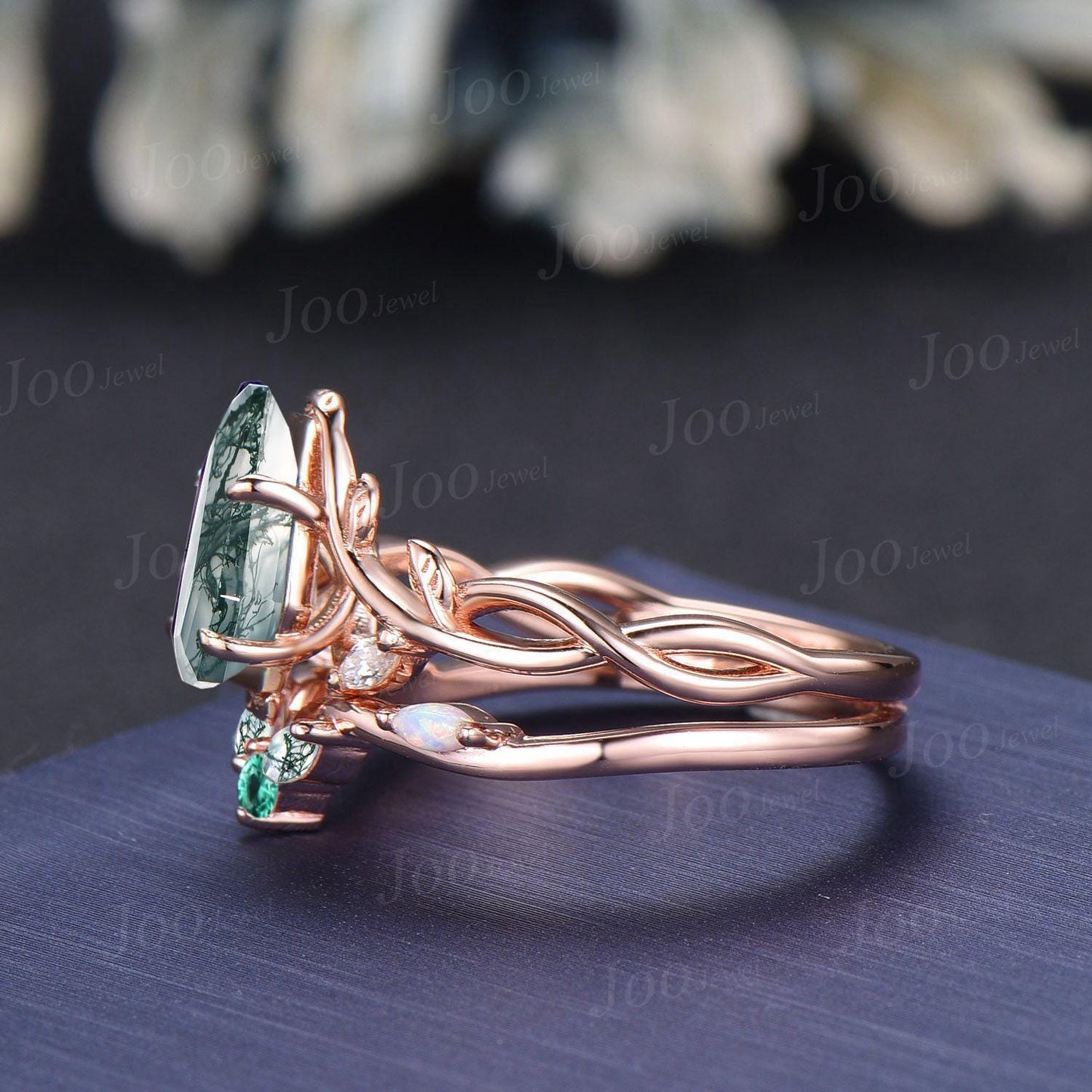 Coffin Cut Natural Moss Agate Leaf Vine Bypass Engagement Ring Twisted Infinity Wedding Ring Customizable Gemstone Non-Traditional Jewelry