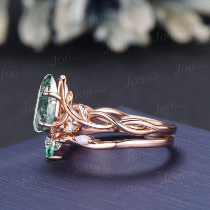 Coffin Cut Natural Moss Agate Leaf Vine Bypass Engagement Ring Twisted Infinity Wedding Ring Customizable Gemstone Non-Traditional Jewelry