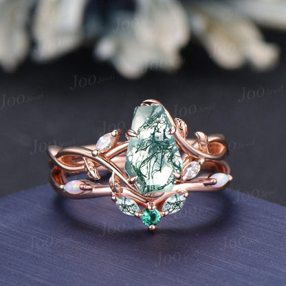 Coffin Cut Natural Moss Agate Leaf Vine Bypass Engagement Ring Twisted Infinity Wedding Ring Customizable Gemstone Non-Traditional Jewelry