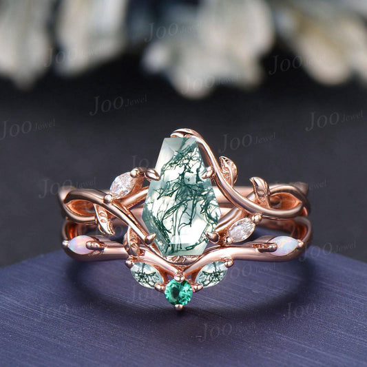 Coffin Cut Natural Moss Agate Leaf Vine Bypass Engagement Ring Twisted Infinity Wedding Ring Customizable Gemstone Non-Traditional Jewelry