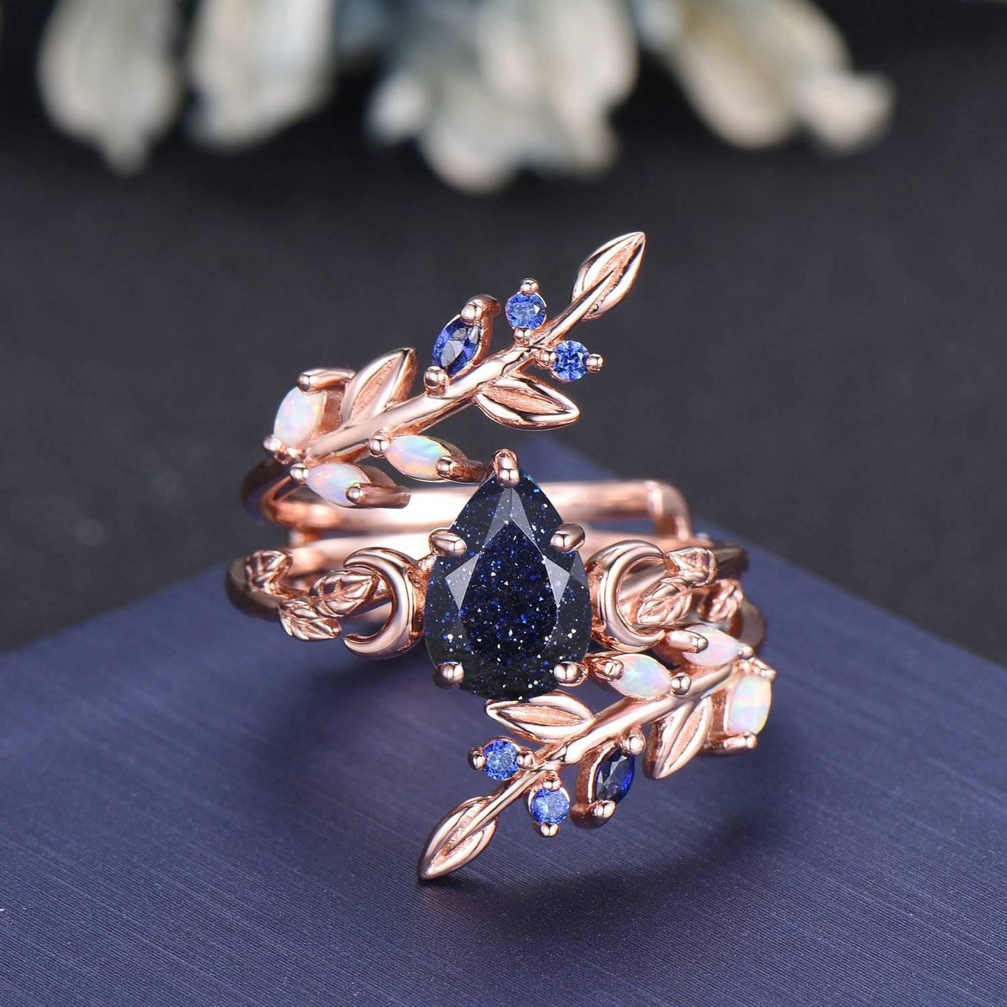 Pear Cut Galaxy Blue Sandstone Olive Leaf Moon Bridal Ring 14K Solid Gold Non-Traditional Enchanted Vine Bypass Blue Sapphire Wedding Band
