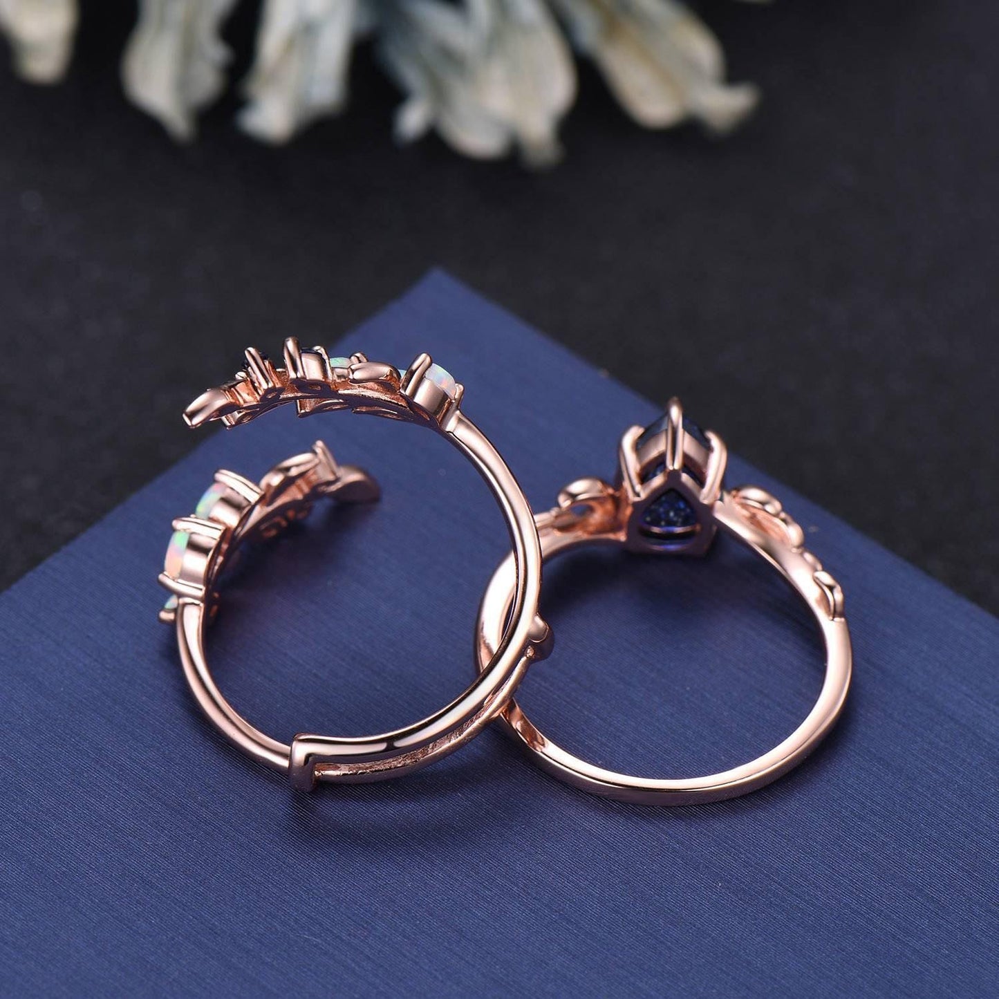 Pear Cut Galaxy Blue Sandstone Olive Leaf Moon Bridal Ring 14K Solid Gold Non-Traditional Enchanted Vine Bypass Blue Sapphire Wedding Band