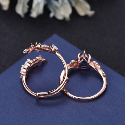 Pear Cut Galaxy Blue Sandstone Olive Leaf Moon Bridal Ring 14K Solid Gold Non-Traditional Enchanted Vine Bypass Blue Sapphire Wedding Band