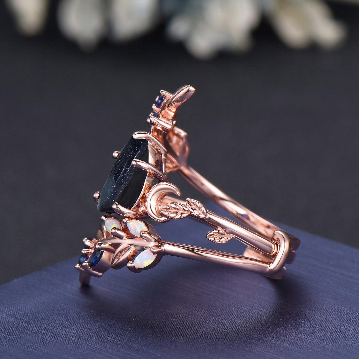 Pear Cut Galaxy Blue Sandstone Olive Leaf Moon Bridal Ring 14K Solid Gold Non-Traditional Enchanted Vine Bypass Blue Sapphire Wedding Band