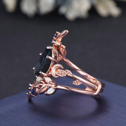 Pear Cut Galaxy Blue Sandstone Olive Leaf Moon Bridal Ring 14K Solid Gold Non-Traditional Enchanted Vine Bypass Blue Sapphire Wedding Band