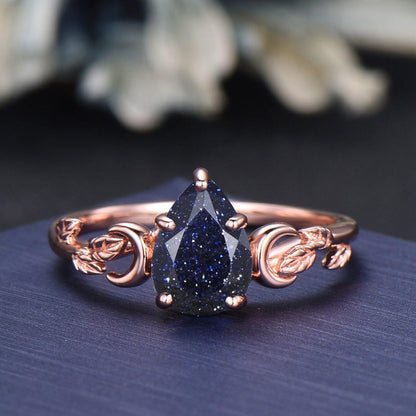 Pear Cut Galaxy Blue Sandstone Olive Leaf Moon Bridal Ring 14K Solid Gold Non-Traditional Enchanted Vine Bypass Blue Sapphire Wedding Band