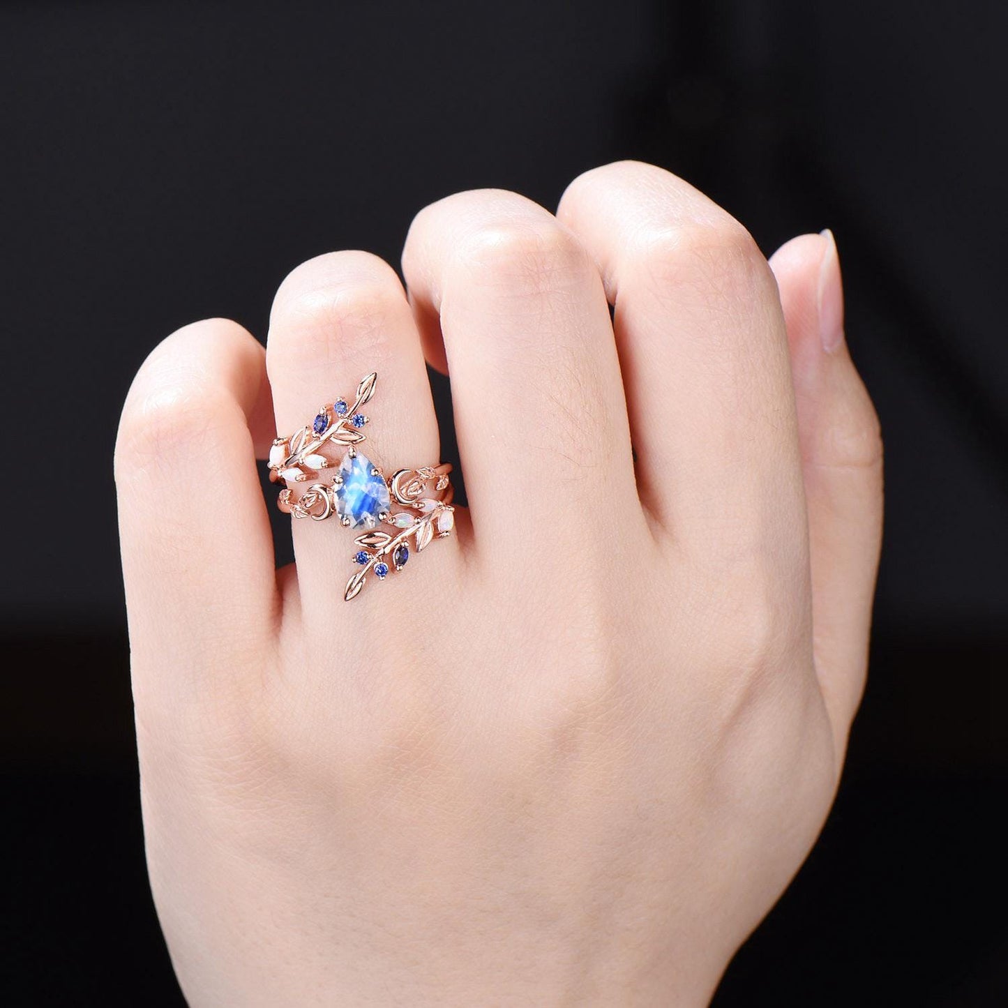 Pear Cut Natural Moonstone Solitaire Bridal Ring 14K Solid Gold Enchanted Vine Bypass Wedding Band Opal Blue Sapphire Leaf Moon Ring Women