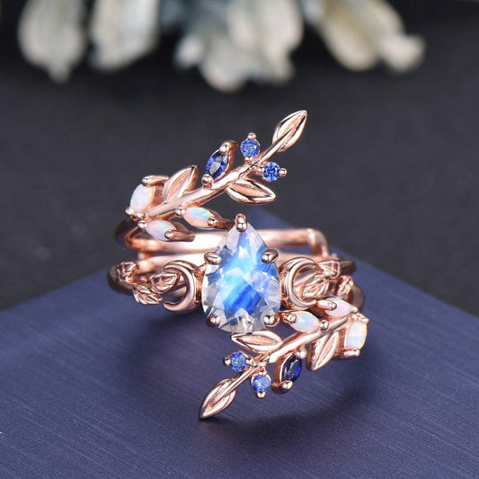 Pear Cut Natural Moonstone Solitaire Bridal Ring 14K Solid Gold Enchanted Vine Bypass Wedding Band Opal Blue Sapphire Leaf Moon Ring Women